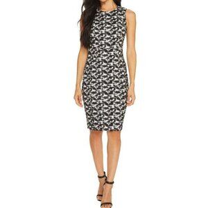 Calvin Klein Black + White Patterned Sleeveless Jacquard  Sheath Dress Sz 4